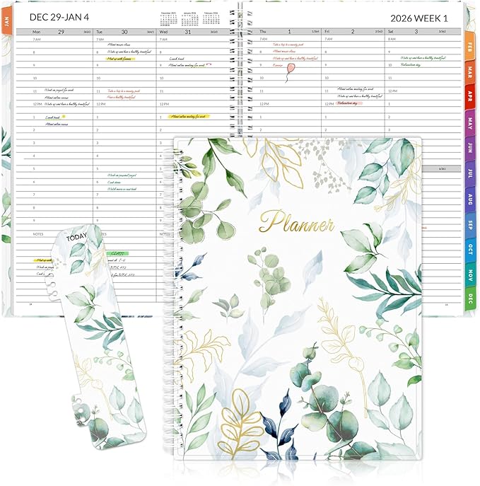 SUNEE 2026 Appointment Book, 2026 Hourly Planner 8.5" x 11", Hourly, Weekly & Monthly Planner - from January 2026 - December 2026, Flexible Cover, Note Page, Pocket, Bookmark, Leaves