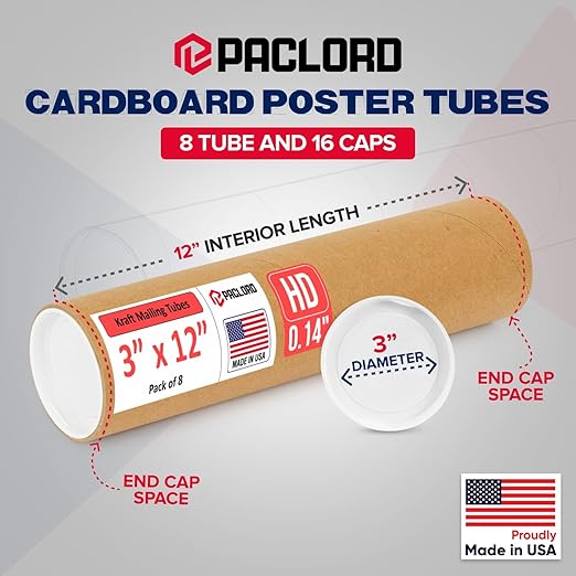 Paclord 3" x 12" Heavy-Duty Reinforced Cardboard Mailing Tube, Pack of 8 Tubes with 16 Caps – Secure USPS Approved – Great for Shipping and Storing of Prints, Artwork, Posters or Documents