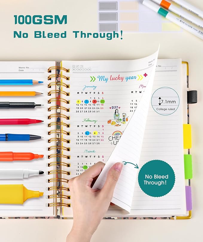 Hardcover Spiral Notebook journal with Removable Dividers Tabs, 300 Pages Leather 5 Subject Notebook College Ruled, 100GMS Notebooks for Work School Note taking,Lined Journal for Women,A5-Flower