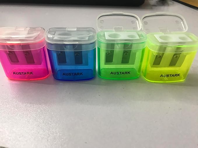 AUSTARK 24Pcs Pencil Sharpener Manual, Assorted Color Small Dual Hole Pencil Sharpeners Bulk with Lid with Lid for School Office Home (Rectangle-24)