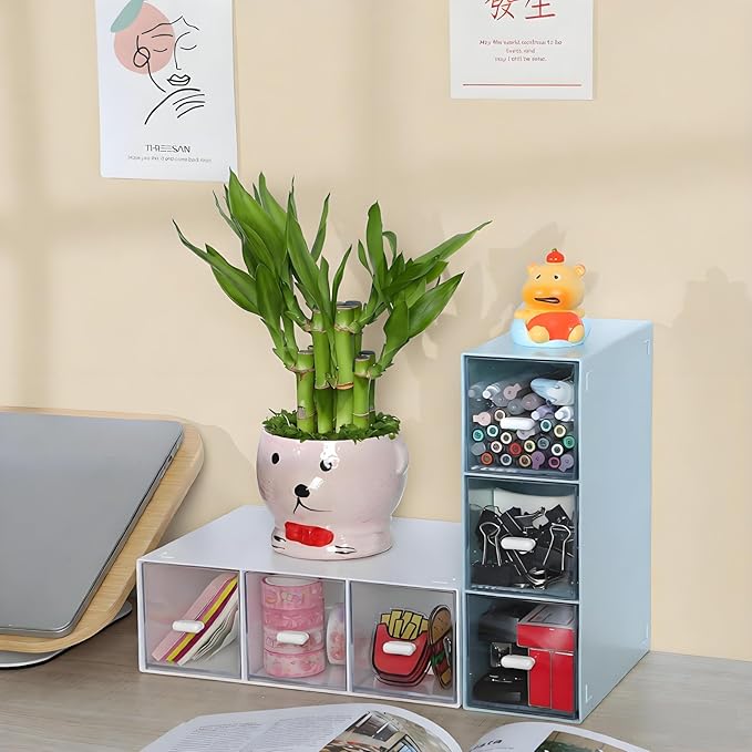OSteed Desktop Drawers, Desk Organizer with 6 Drawers, Stackable Plastic Storage Box for Home Collection, Cosmetics, Jewelry, Office Supplies (2 Tall Layers, Blue)