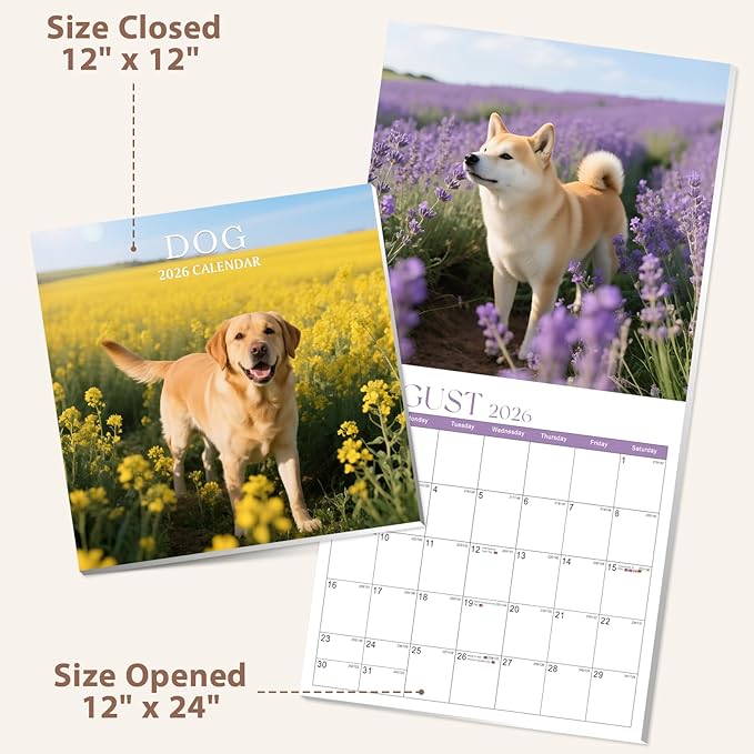 2026 Calendar, 2026 Wall Calendar, Monthly Calendars 12 Month Pet Dog 12" x 24" Opened, Thick Glossy Paper for Organizing Planning, Ideal for Home Office