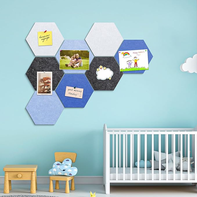 Uoisaiko 12" Large Bulletin Board with 30 Push Pins, Pack of 8 Hexagon Felt Pin Board Notice Boards for Home Office Kitchen, Felt Wall Tiles for Photos Memos