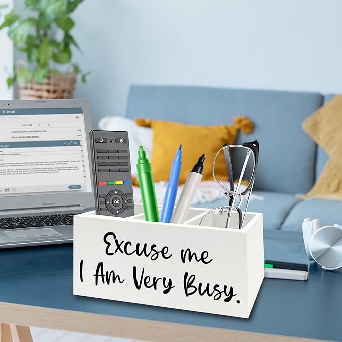 QZQE Funny Pen Pencil Holder Organizer for Desk, Funny Office Decor, Excuse Me I Am Very Busy Wooden Box Signs Decorations for Home Workplace Office Desk Tabletop