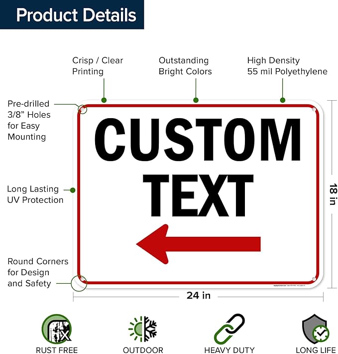Custom Arrow,Custom Directional Sign, Left Arrow,18x24 Inches, 55 mil thick HDPE (high density polyethylene) Made in USA by My Sign Center