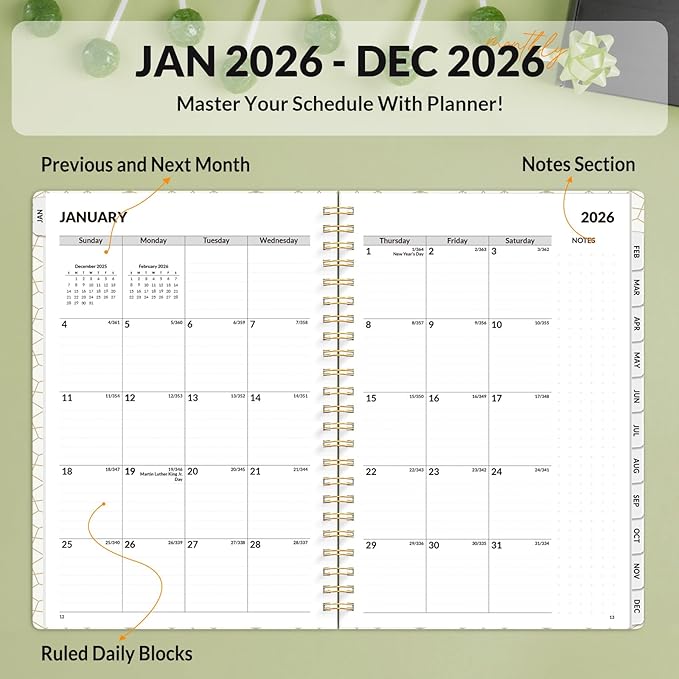 SUNEE 2026 Planner, Weekly and Monthly Calendar Planner, January 2026-December 2026, Daily Agenda with Tabs, Note Pages, Spiral Binding, 6.4"x8.3", Eucalyptus