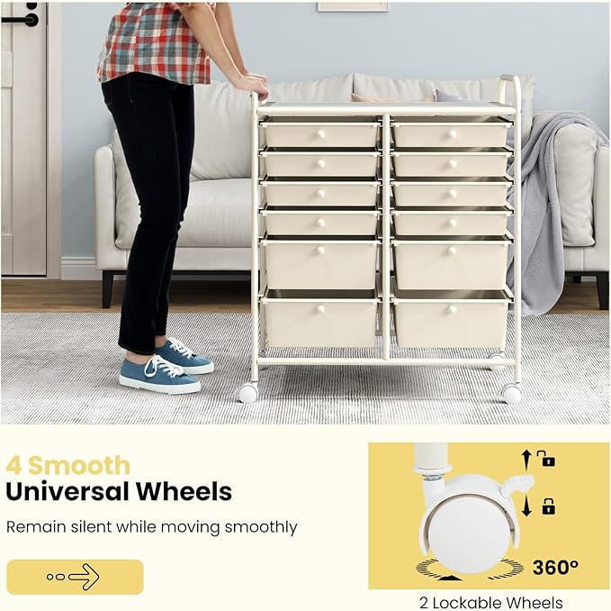 LDAILY 12 Drawer Rolling Storage Cart, Craft Cart Organizer on Wheels w/Metal Frame, Large Capacity & Smooth Drawer, Rolling Cart w/Drawers for Classroom, Office