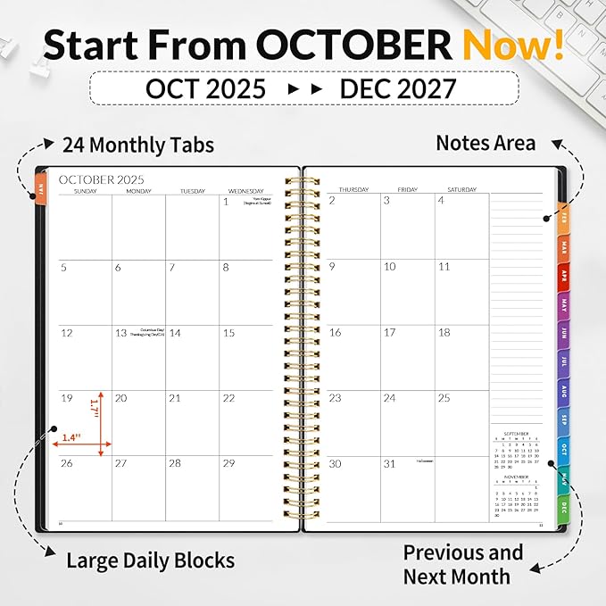 SUNEE 2026-2027 Planner - 24 Months (Jan 2026 - Dec 2027) - 7"x10" Monthly Spreads & Yearly Planner, Black