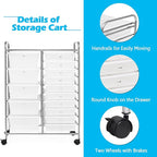 DORTALA 15-Drawer Rolling Storage Cart with Drawers, Rolling Utility Cart w/Removable Drawers & Universal Wheels, Tools Scrapbook Paper Organizer for School, Office, Home, Classroom (Clear)