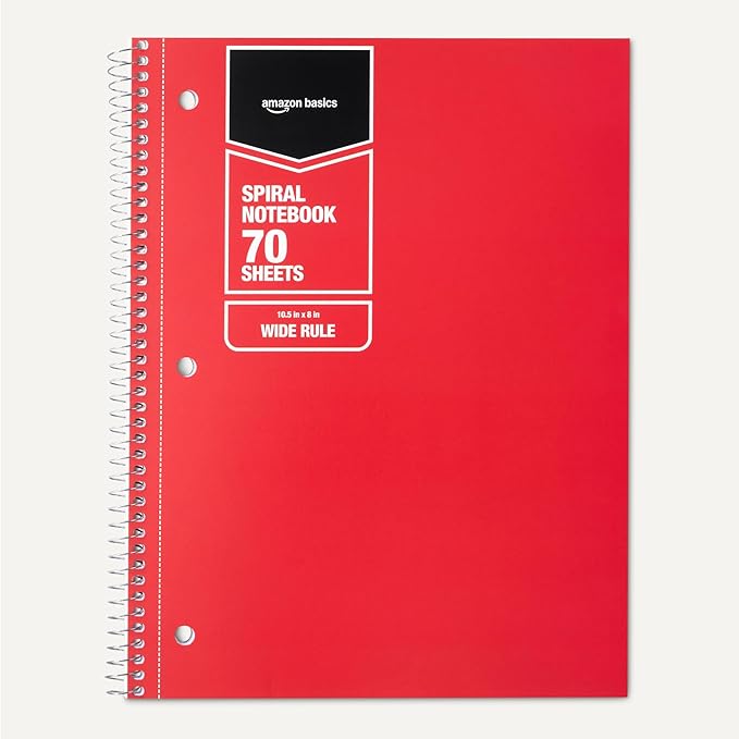Amazon Basics Wide Ruled Spiral Notebook, 70 Sheets, 7-1/2" x 10-1/2", 3 pack, Assorted Primary Solid Colors