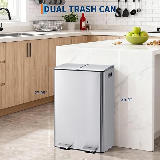 Garvee Kitchen Trash Can, 16 Gal (2 x 30 L) Dual Compartment Garbage Can with Lid and Inner Bucket, Stainless Steel Trash and Recycle Bin Combo with Step Pedal for Home Office, Silver