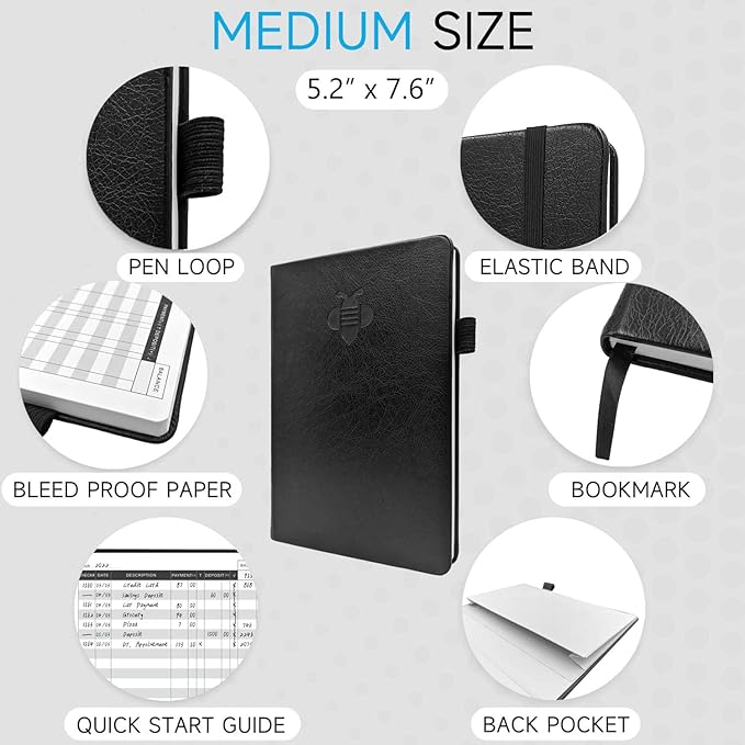 KUMEER Check Register – Elegant Check Registers for Personal Checkbook with Check & Transaction Registers, Hardcover Checkbook Log 5.2x7.6" (Black)