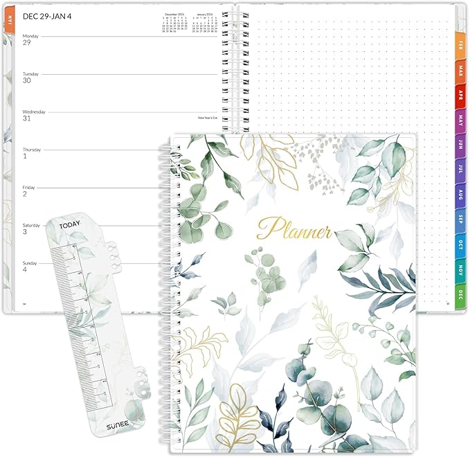 SUNEE 2026 Planner, Weekly and Monthly Calendar Planner, January 2026-December 2026, Daily Agenda with Tabs, Note Pages, Spiral Binding, 8.5"x11", Leaf