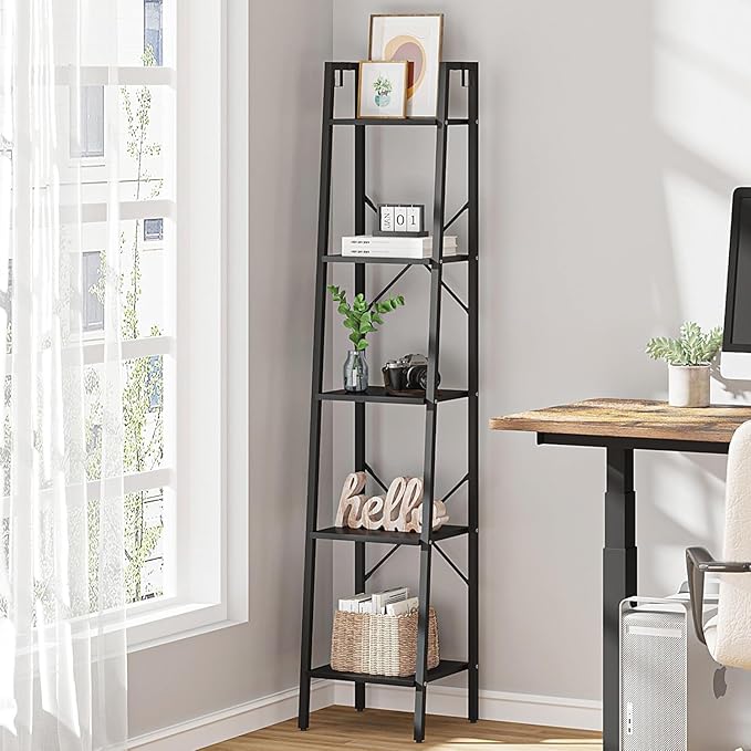 Hzuaneri Ladder Shelf, Bookshelf Bookcase, Freestanding Corner Storage Shelve with 2 Hooks for Home Office, Living Room, Kitchen, Bedroom, Industrial, 11.8" D x 13.4" W x 63" H, Black BC03204B