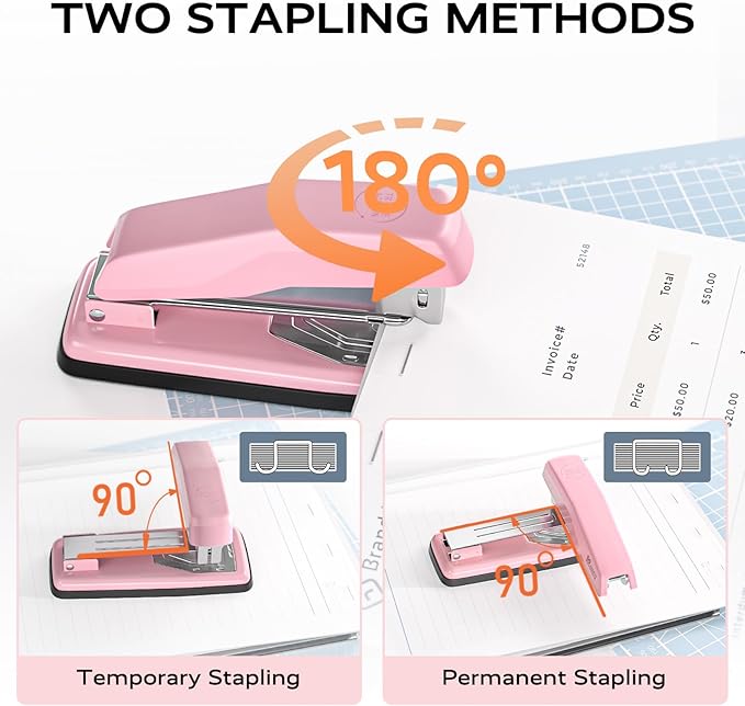 Marsrock Desktop Stapler, Swing-Arm Swivel Stapler, 50 Sheet Capacity, 2000 Staples and Staple Remover, Rotatable Heavy Duty Staplers for Office, Home, Classroom, Booklet, Book Binding,Pink