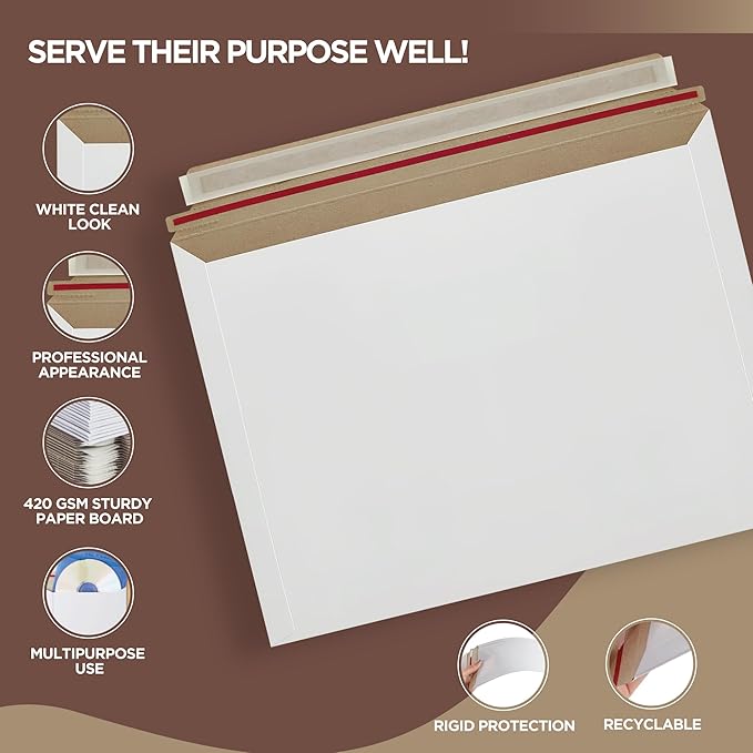 50 Pack 9.5 x 12.5 Inches Rigid Mailers – Self Adhesive White Cardboard Envelopes – Used as Mailing Supplies for Documents, Photos, CDs, Magazines, and Literature