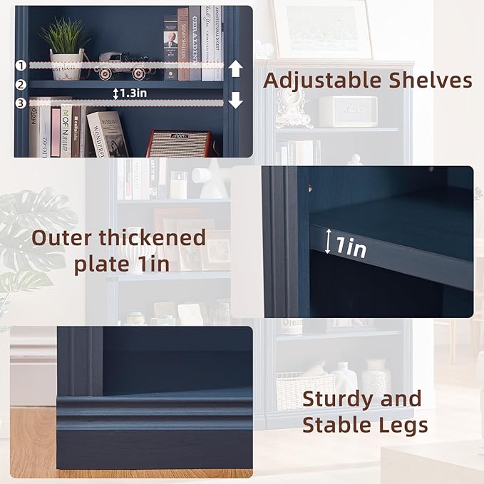 RWYHG 70" Blue Tall Bookshelf Set of 3,5-Tier Thick Wooden Book Shelf with Adjustable Shelves,Free Standing Farmhouse Bookcase with Open Display Storage,Floor Vintage Bookshelves for Living Room