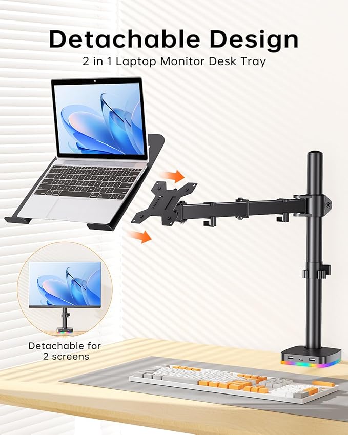 RGB Monitor and Laptop Mount Stand with 3 USB Ports, Charging and USB Data Transfer, Adjustable laptop stand for 13" to 32" Screen and 11"-17” Laptop, Holds 18lbs/Arm, 75x75/100x100 VESA, C-Clamp