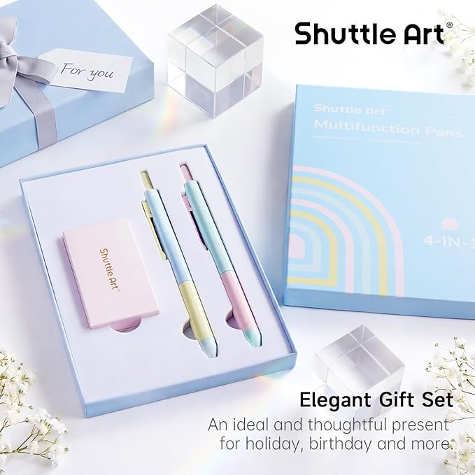 Shuttle Art 4 in 1 Multicolor Pen, 2 Pack Retractable Ballpoint Pens with 1.0mm Black Blue Red Ink and 0.5mm Mechanical Pencil, Multifunction Pens Fresh Style Gift Set for Writing School Office Home
