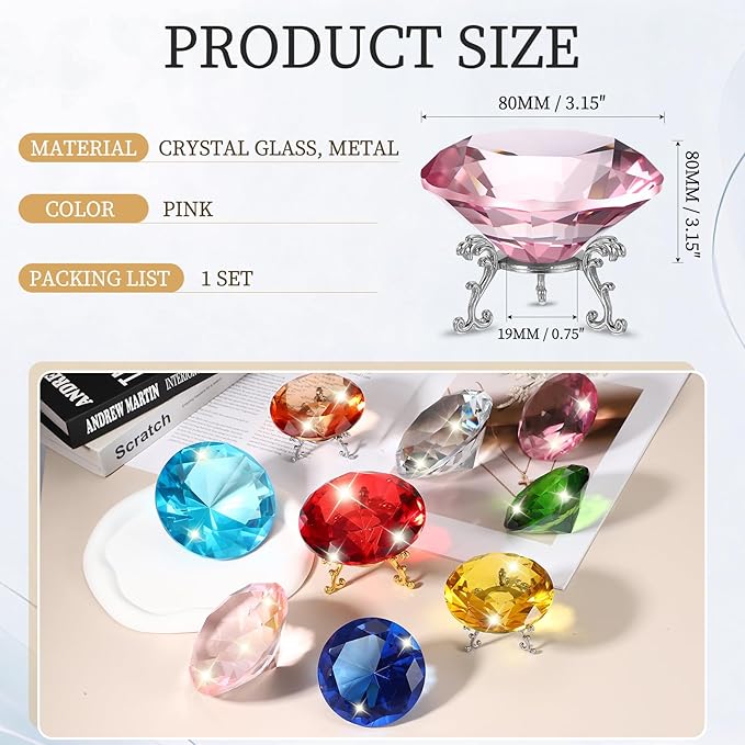 PATIKIL Diamond Crystal Paperweight, 80mm / 3.15" Crystal Paperweight Paper Weight with Silver 19 Metal Base for Home Office Desktop Table Decor Wedding Party Ornaments, Pink