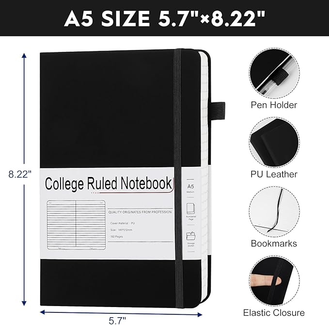 CronElysia A5 Lined Journal Notebooks for Work, 192 Pages, Medium 5.7 x 8.3inch, College Ruled, Vegan Leather Hardcover Journals for Women Men,1 Pack