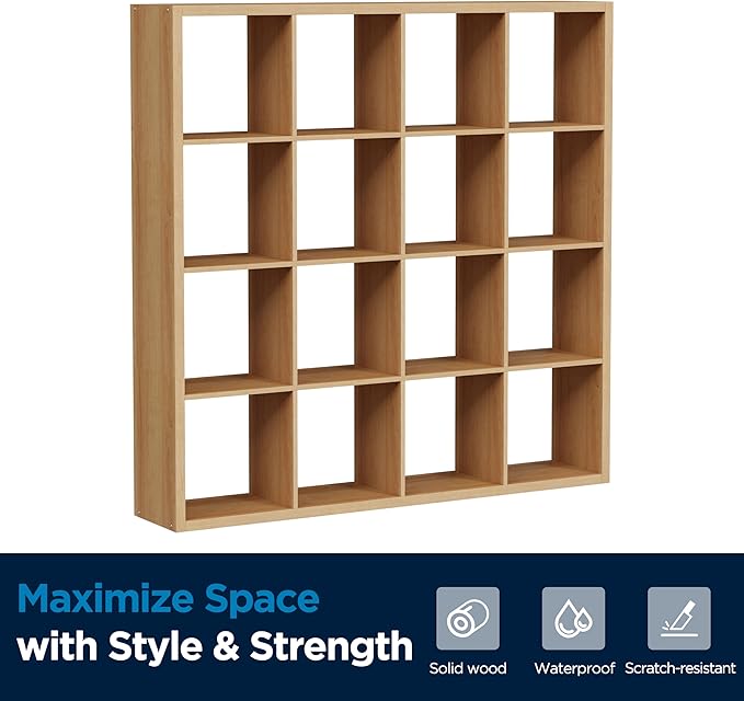Jpiziso 16-Cube Storage Organizer Bookcase, Thick Frame Wood Grain Storage Shelf, Rectangular Cube Open Back Display Unit, 48.8x9.4x48.8 Inches for Living Room, Bedroom, Home Office, Natural Wood