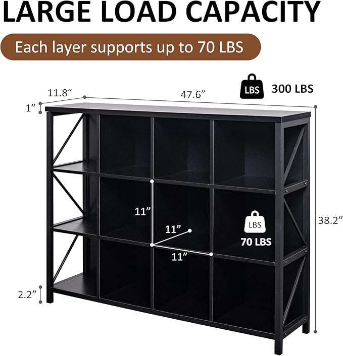 VAKATRELL 12 Cube Storage Organizer Bookshelf, Industrial Horizontal Bookcase, Accent Cubby Shelf, Corner Bookcase for Living Room, Home Office, 11.8" D x 47.6" W x 38.2" H, Black