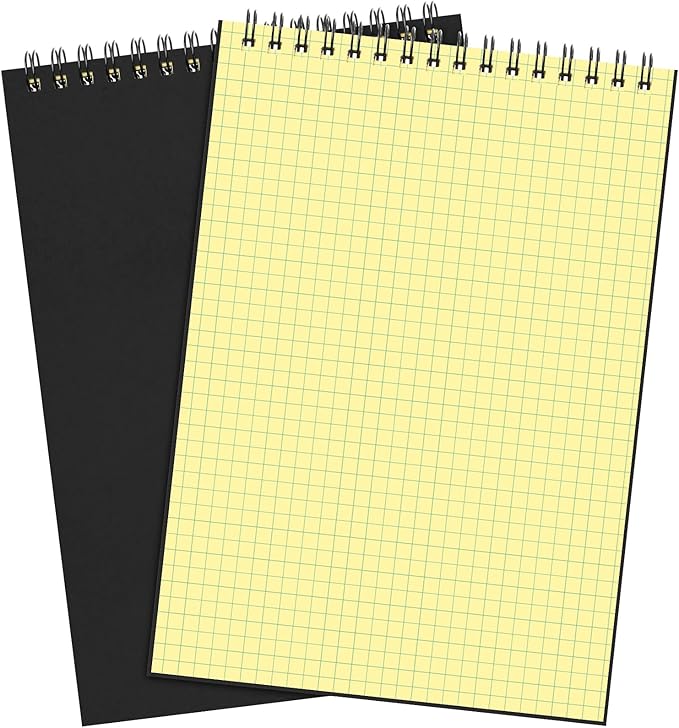 Engrowtic 2 Pack Graph Paper Spiral Notepad A5 Top Wirebound Notepad Grid Notebook Steno Pads Memo Notebook Grid Paper 140 Pages for Writing Sketching Drawing Office Supplies (Black (internal Yellow))