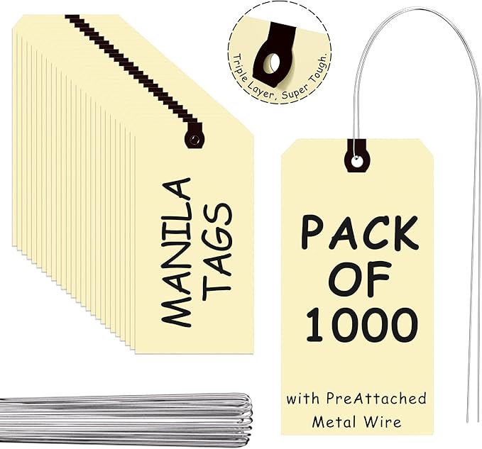 INNOVART Shipping Tags - Double Wired 3 1/4" x 1 5/8", Manila Wire Tags with Reinforced Eyelet, Case of 1000