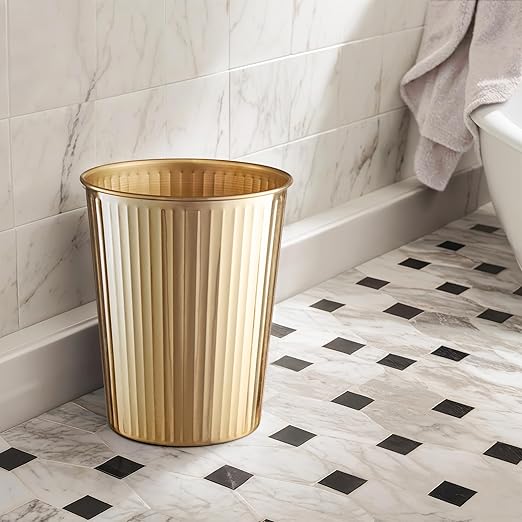 Monarch Abode Metal Bathroom Trash Can – Waste Basket for Bedroom, Office Desk, & Dorm, Handcrafted Ridge Embossed, Durable Decorative Brushed Gold Small Trash Can Bathroom Garbage Bin Wastebasket