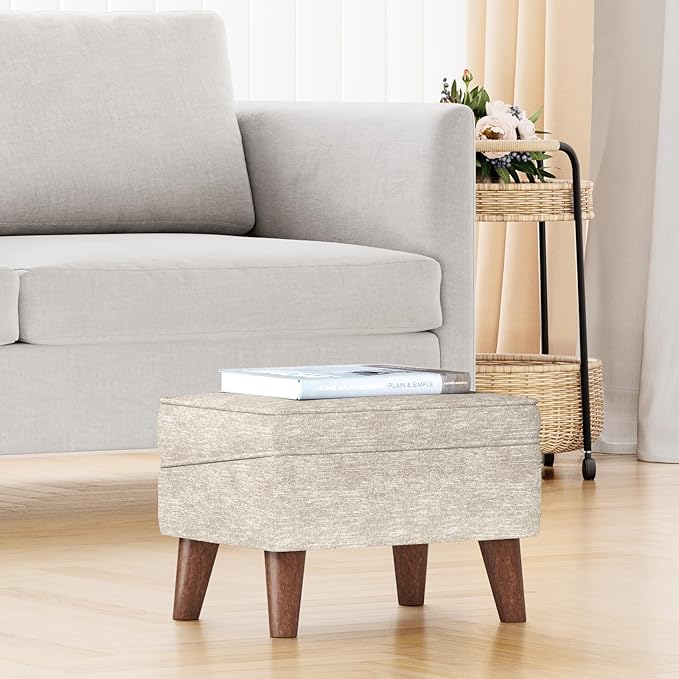 FAGAGA Ottoman Foot Rest, Small Footstool Ottoman with Storage, Modern Foot Stool with Adjustable Lid and Sturdy Wood Legs for Living Room, Bedroom, Couch, Enterway (Beige)
