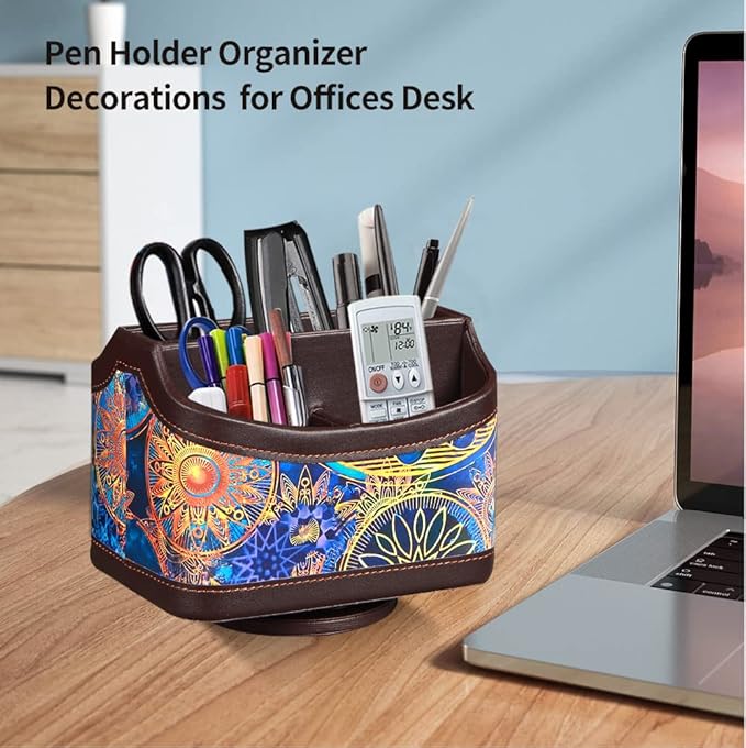 PUSU 360°Rotatable Remote Control Holder, PU Leather TV Remote Holder Caddy for Table, Bright and Colorful Art Supply Organizer Pen Holder, Multi-Functional Desk Organizer Living Room Office Decor