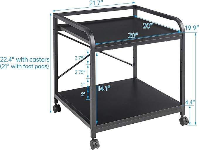 Fannova 2 Tier Under Desk Printer Stand with Storage, 20 Inches Deep Large Printer Table with Height Adjustable Shelf, Rolling Printer Cart with Wheels for Home Office - Black