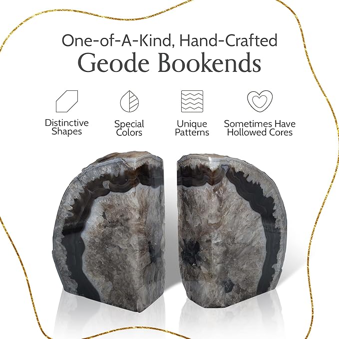 Nature's Decorations A Quality Black Agate Geode Bookends - Heavy Duty with Non-Skid Rubber Bumpers for Shelves, Office, Home Decor - Cool Crystal Stone (1 Pair 3-4 LB)