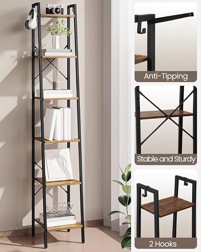 Hzuaneri Ladder Shelf, Bookshelf Bookcase, Freestanding Corner Storage Shelve with 2 Hooks for Home Office, Living Room, Kitchen, Bedroom, Industrial, 11.8"D x 13.4"W x 72.8"H, Rustic Brown BC13301B