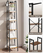 Hzuaneri Ladder Shelf, Bookshelf Bookcase, Freestanding Corner Storage Shelve with 2 Hooks for Home Office, Living Room, Kitchen, Bedroom, Industrial, 11.8"D x 13.4"W x 72.8"H, Rustic Brown BC13301B