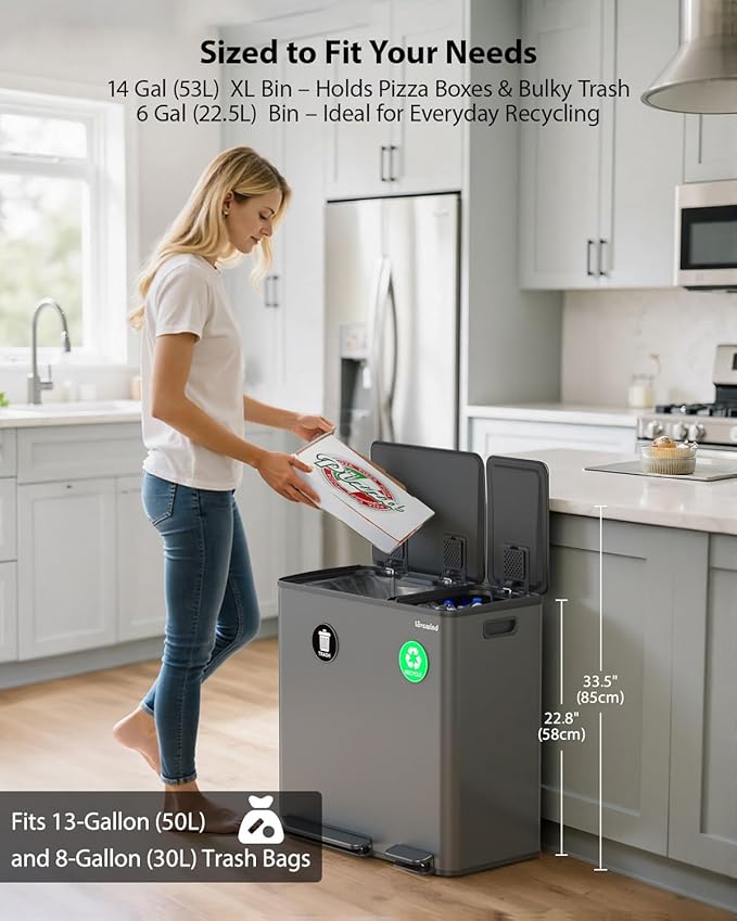 Lovewind Dual Trash Can, 14 + 6 Gallon Garbage Can for Kitchen Dual Compartment Recycling Kitchen Step Trash Bin, Stainless Steel Trash and Recycle Bin Combo with Soft-Close Lid, Grey
