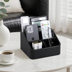 MEIBOOCH Remote Control Holder, PU Leather Small Desk Organizer with 4 Compartments, Nightstand Organizer Desk Caddy for Remote, Notepad, Phone, Glasses, and Accessories (Black)
