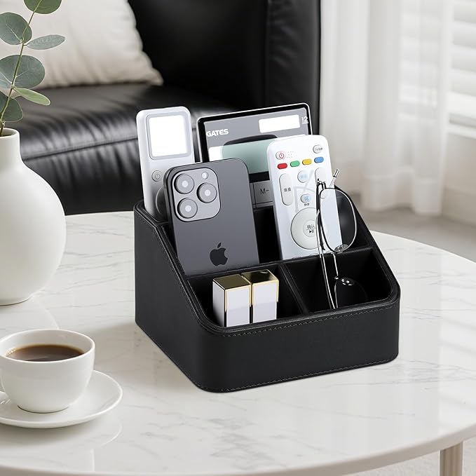 MEIBOOCH Remote Control Holder, PU Leather Small Desk Organizer with 4 Compartments, Nightstand Organizer Desk Caddy for Remote, Notepad, Phone, Glasses, and Accessories (Black)