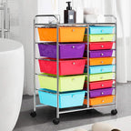HAPPYGRILL 15-Drawer Rolling Cart, Storage Carts with Removable Drawers & Steel Frame, Utility Cart on Lockable Wheels for Home, School, Office,Multicolorful