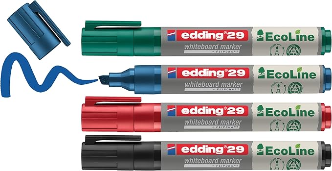 edding 29 Ecoline whiteboardmarker set - zwart, rood, blauw, groen - 4 whiteboardstiften - beitelpunt 1 - 5 mm - boardmarker uitwisbaar - voor whiteboard, flipchart, prikbord, memobord - navulbaar