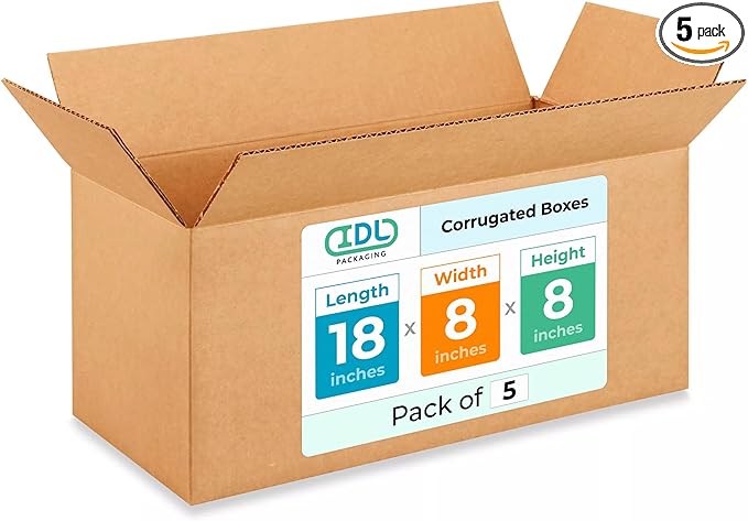 Medium Shipping & Moving Boxes 18 x 8 x 8 inches (5-Pack) - Extra Strength 200 lb vs Regular - Corrugated Medium Moving Boxes, Made in USA - Box for Packaging - Square Box by IDL Packaging