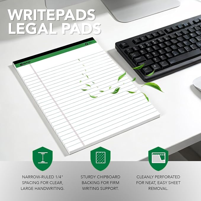 KAISA White Legal Pads Writing Pads Recycled Paper 5"x8" Narrow Ruled Lined Paper Small Legal pad Perforated 50 sheets Hard Back Notepads Writing Tablet For Office Supplies Study (White 12pads)