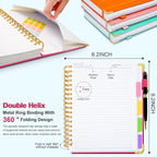Hardcover Spiral Notebook 6.2"x 8.2" Journal Notebook with Tabs and Removable Dividers 300 Pages 5 Subject Notebook College Ruled, Faux Leather Spiral Bound Notebook for Women School Work(Rose Red)