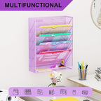 GDINDINFAN Hanging Wall File Organizer 6 Tier Wall Mounted Mail Paper Folder Holder Document Organization Stand, Vertical Desk Magazine Rack for Office Home Cubicle Countertop, Light Purple