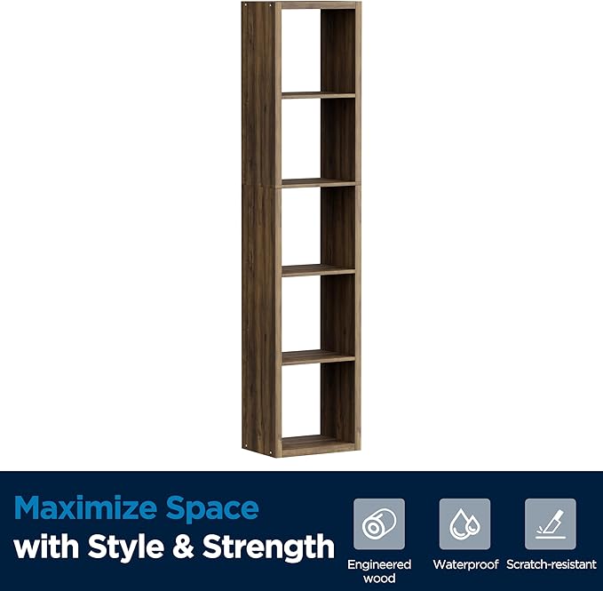 Jpiziso 5 Cube Storage Organizer Single Row, Cube Shelf with Heavy-Duty Thick Boards, 13.31" L x 9.37" W x 60.55" H, Smooth Easy-Clean Panels, Simple Assembly, for Living Room Bedroom Office, Brown