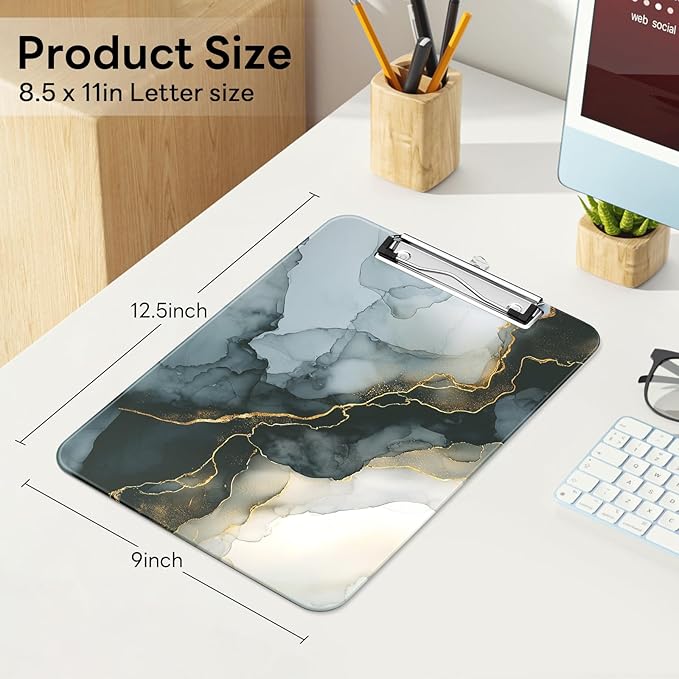 Luminzo Plastic Cute Clipboard Low-Profile Metal Clip, A4 Letter Size 9 x 12.5 in, 8.5 x 11 Paper Clip Board for Teachers, Nurses, Classroom,Ink Painted Marble