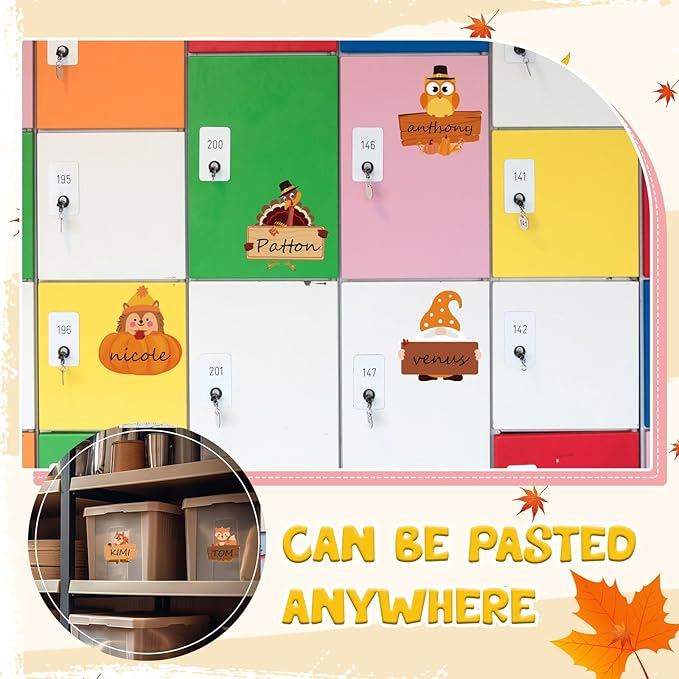 Henoyso 108 Pcs Fall Thanksgiving Themed Name Tags Labels Autumn Classroom Decorations Self Adhesive Baked Food Labels 5.12 x 4.72 Inches Turkey Pumpkin Desk Name Plate Autumn Party Favor