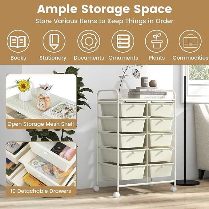 HAPPYGRILL 10-Drawer Rolling Storage Cart, Storage Organizer Cart with Lockable Wheels, Beauty Salon Movable Utility Cart for School, Office, Home, (Ivory)