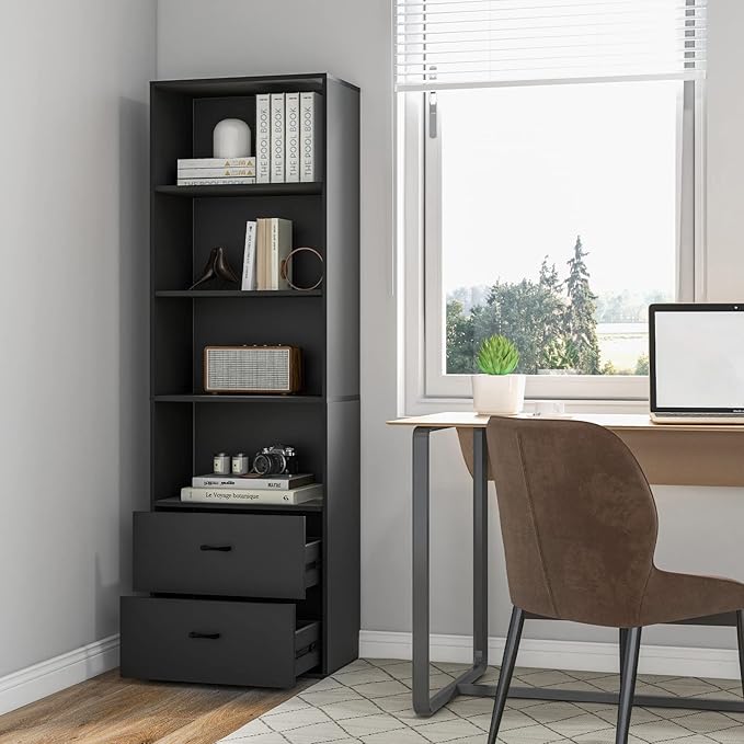 Tangkula 4 Shelf Bookcase with 2 Drawers, 74 Inch 4 Tiers Tall Open Bookshelf with 2 Slide-Out Drawers, Anti-toppling Device, Freestanding Wood Storage Shelf for Home Office (Black, 74" H)
